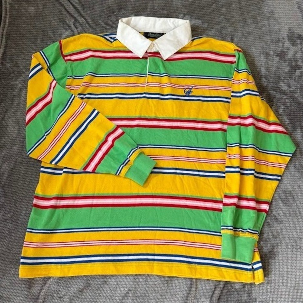 South Pole Mens XL Rugby Shirt Long Sleeve Striped Yellow Green Cotton Vintage